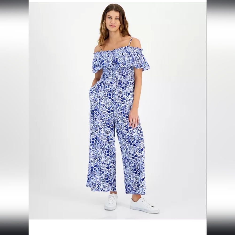 Tommy Hilfiger Blue Paisley Off-Shoulder Wide-Leg Jumpsuit